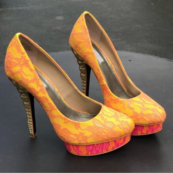 RACHEL ROY KEEDAN Orange Yellow Pink Lace Platform Pump Stiletto Heels Size 6 - Picture 2 of 16